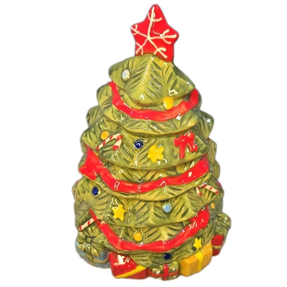 Gibson Home Mirthful Treats Christmas Tree Cookie Jar Hand Painted Stoneware